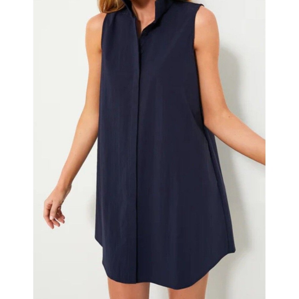 Tuckernuck Charlie Dress Womens XL Hidden Button Sleeveless Pockets Navy Classy